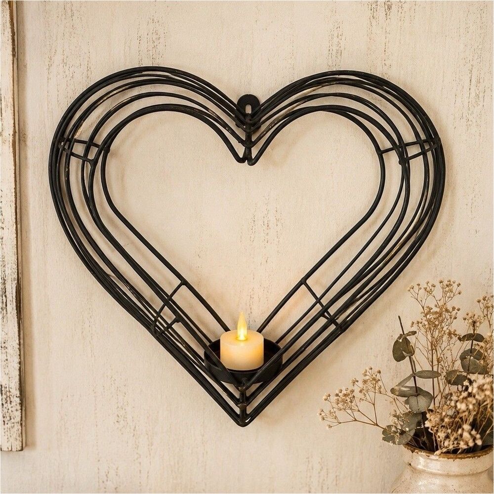 Vintage Black Metal Heart Wall Sconce Candle Holder - Rustic Romantic Home Decor
